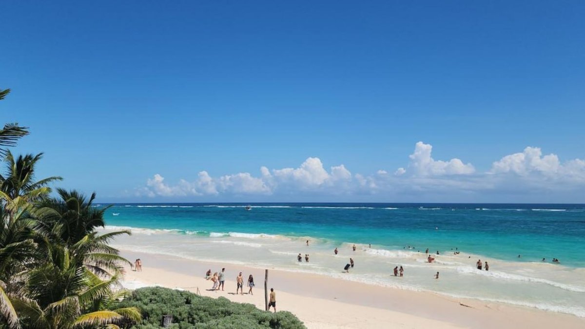 Playa Pescadores beach in Tulum with swimmers and palm trees along the Caribbean coastline